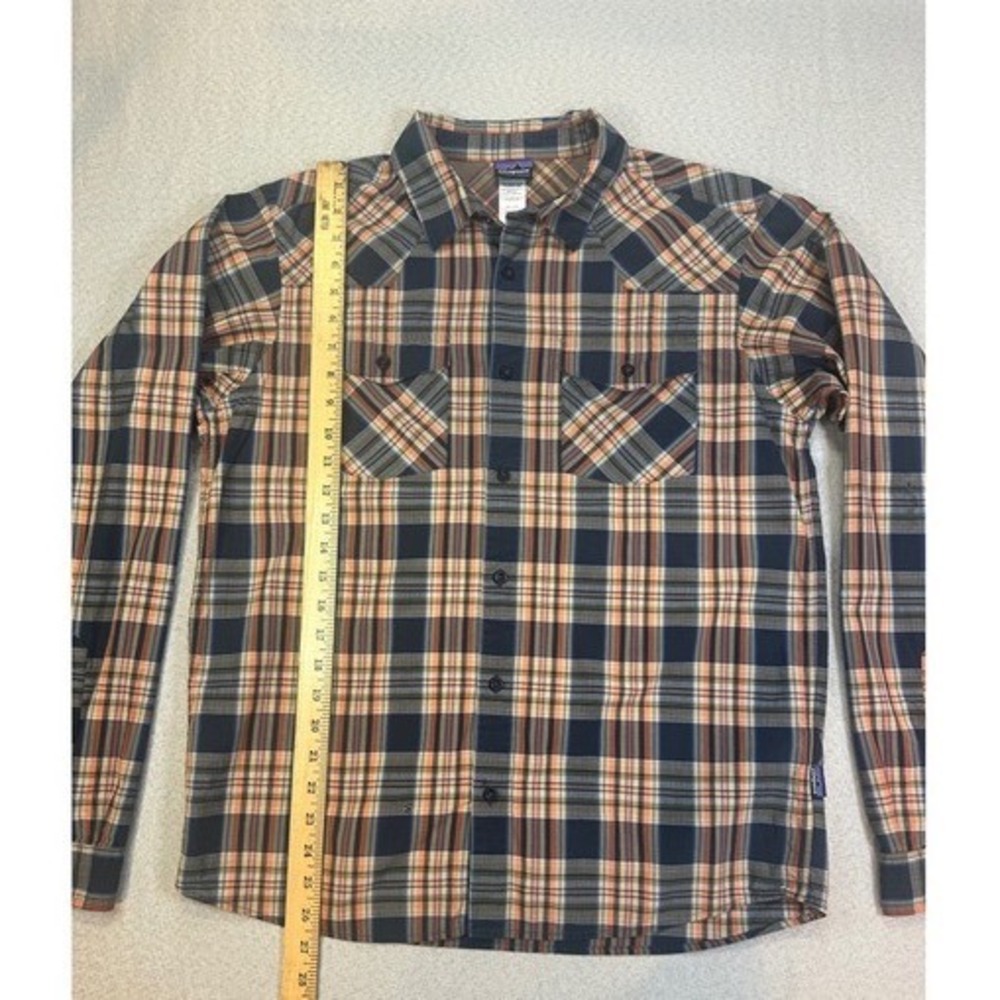 Patagonia Western Shirt Mens M Blue Orange Organic Cotton Ripstop Plaid Flawed - Picture 3 of 8